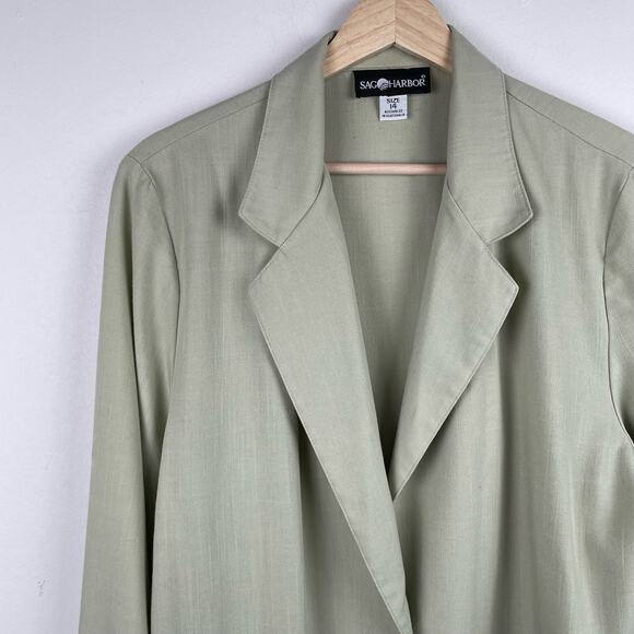 90s Sage Green Blazer Chore Jacket Longline Vintage Preppy Minimalist Size 14 - Picture 3 of 9